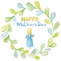 Happy mother`s day. A young woman, a girl, a mother with blond hair in a blue dress, barefoot, holding, hugging her baby
